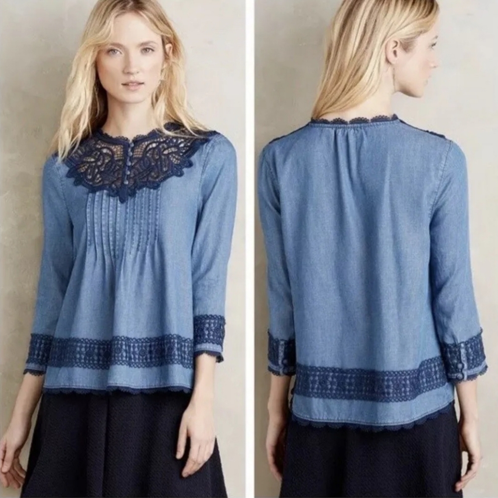 Holding Horses Anthropologie Blue Lace Chambray Blouse